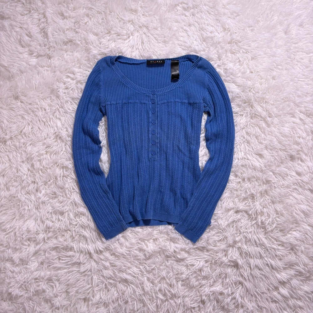 y2k blue knit button up cotton henley long sleeve sweater top small